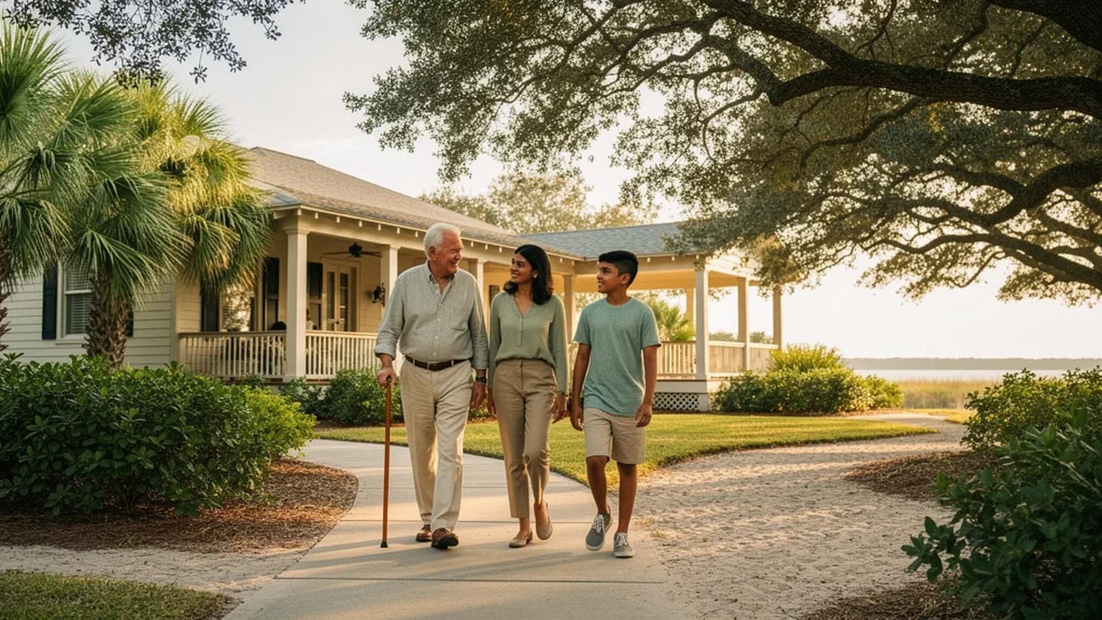 An older man and two family members walk beside a leafy coastal-style home.