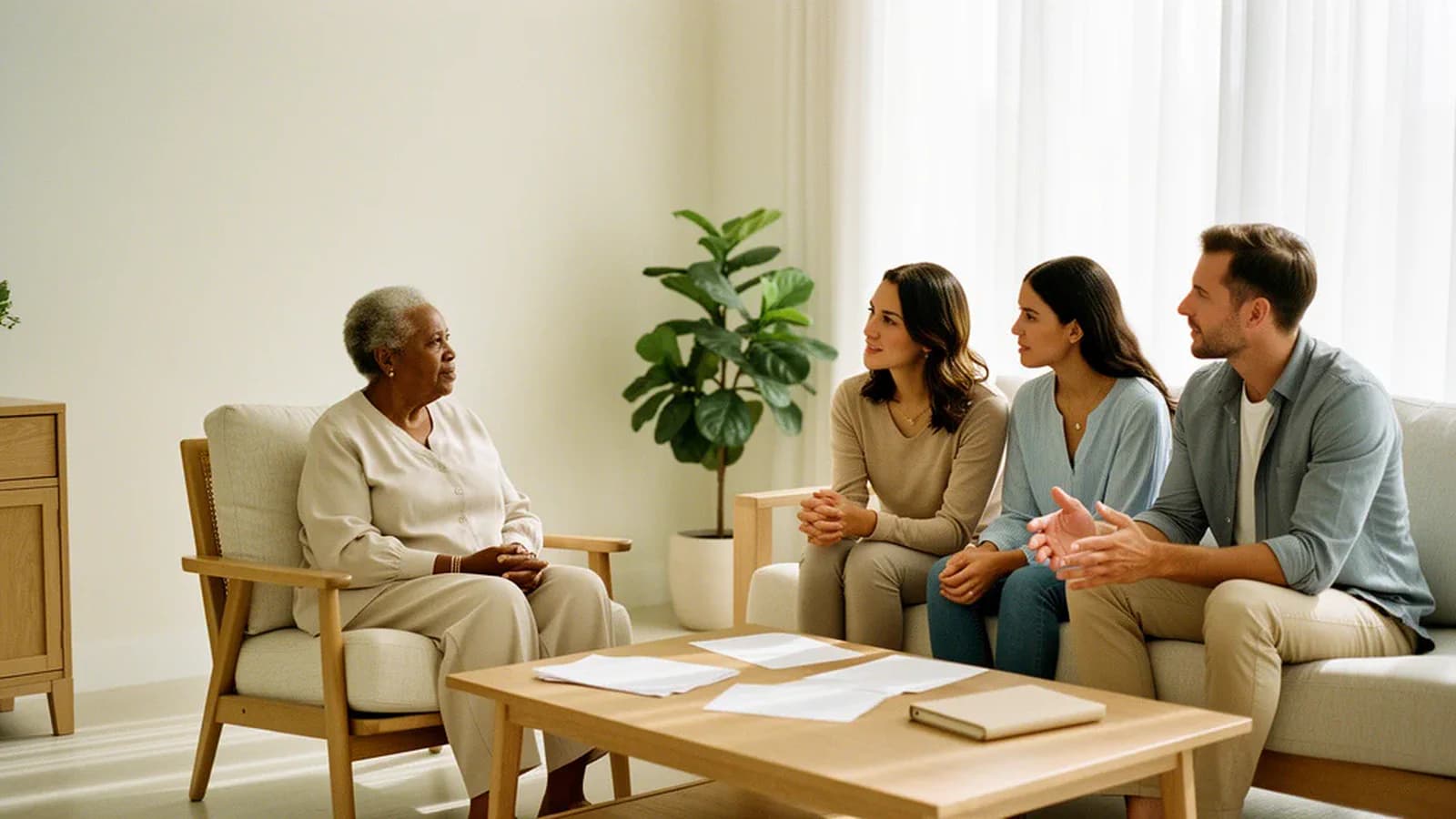 An older woman and three family members talk together in a sunlit home.