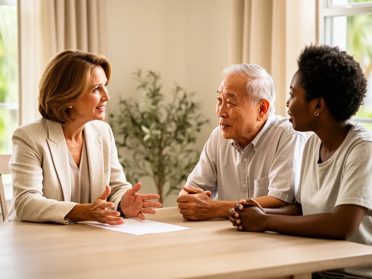 A woman advisor speaks with an older man and his adult daughter at a table.